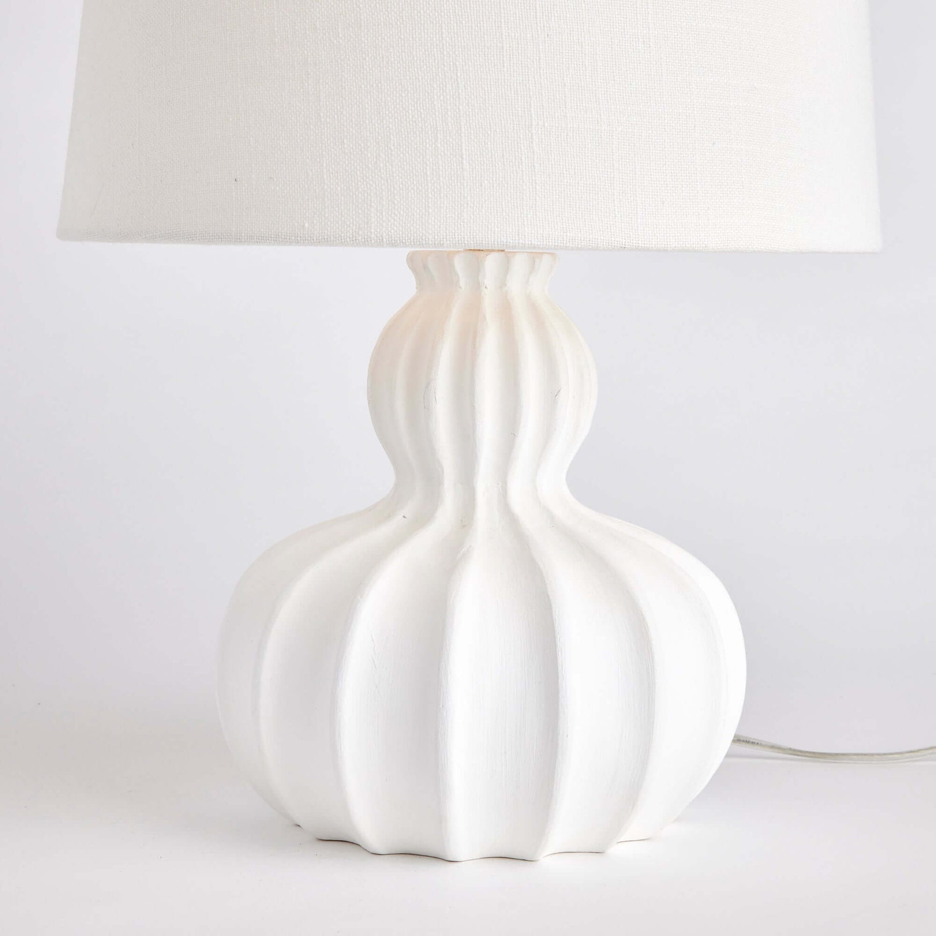 White Carved Wood Table Lamp with Curved Base