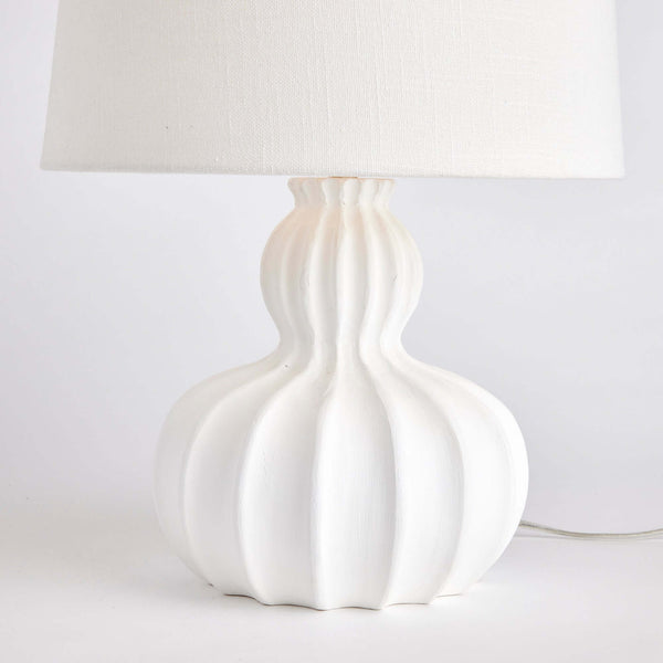 White Carved Wood Table Lamp with Curved Base