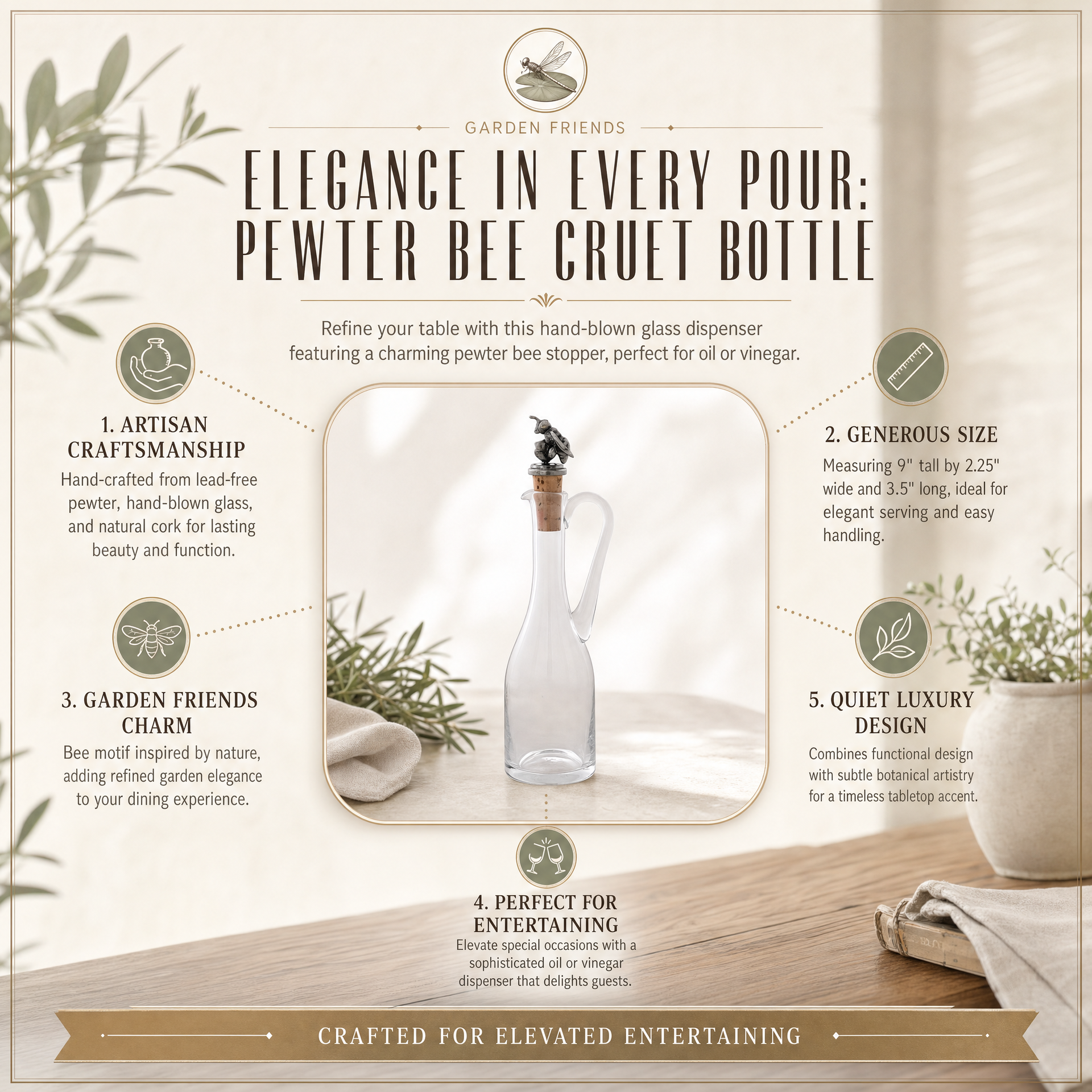 Cruet Bottle with Pewter Bee Cork Stopper