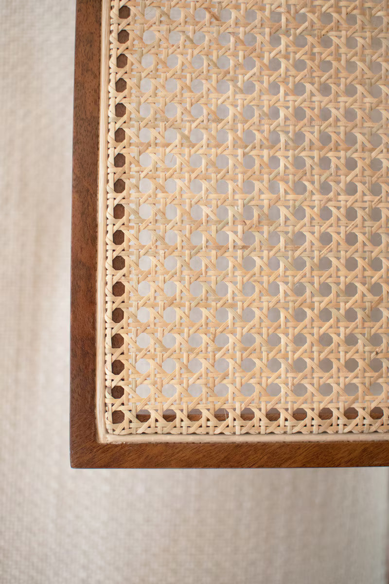 WOOD SIDE TABLE WITH WOVEN CANE DETAIL
