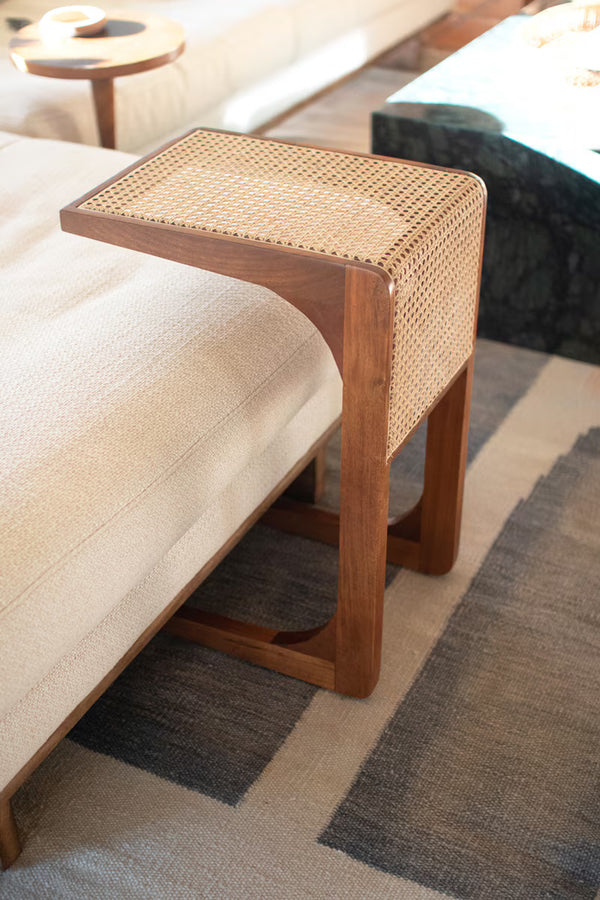 WOOD SIDE TABLE WITH WOVEN CANE DETAIL