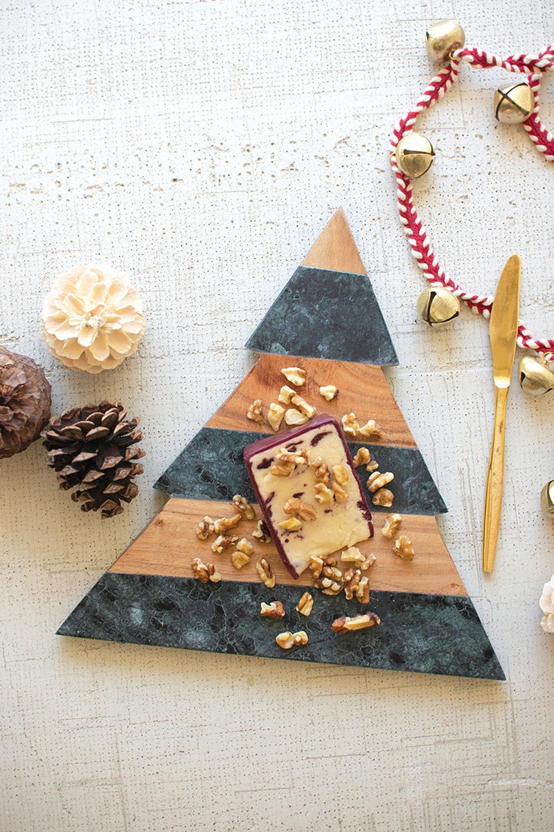 GREEN MARBLE AND ACACIA WOOD CHRISTMAS TREE CUTTING BOARD