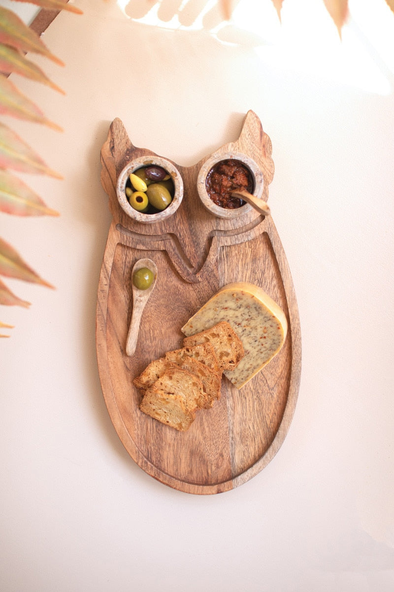WOOD OWL SERVING BOARD WITH MARBLE BOWLS
