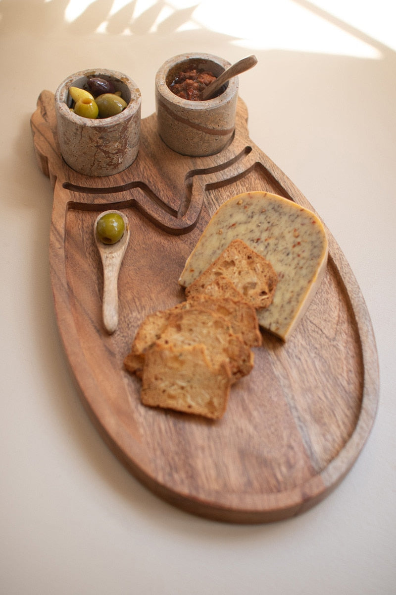 WOOD OWL SERVING BOARD WITH MARBLE BOWLS