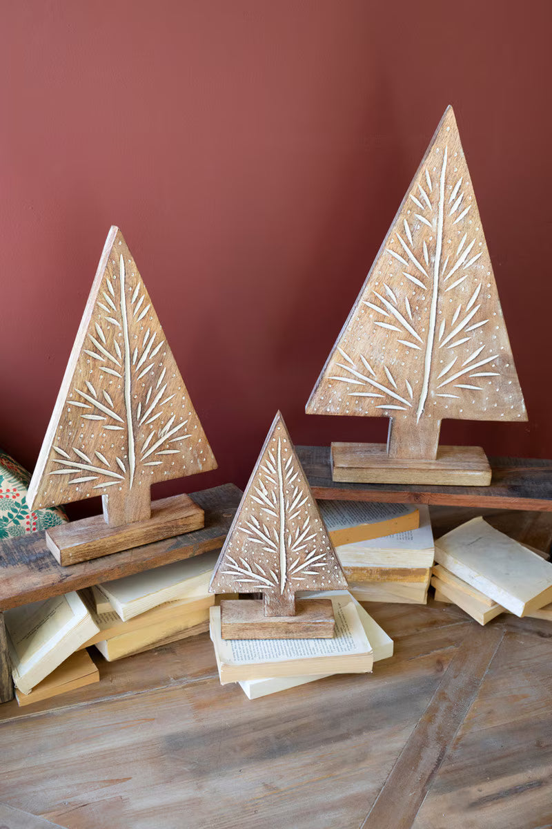 SET OF THREE CARVED WOODN CHRISTMAS TREES ON STANDS