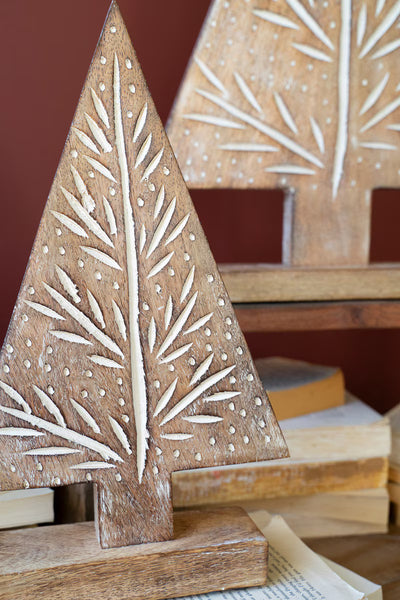 SET OF THREE CARVED WOODN CHRISTMAS TREES ON STANDS
