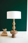 TURNED WOODEN TABLE LAMP WITH OFF-WHITE BARREL SHADE