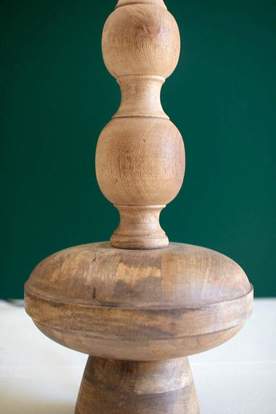TURNED WOODEN TABLE LAMP WITH OFF-WHITE BARREL SHADE
