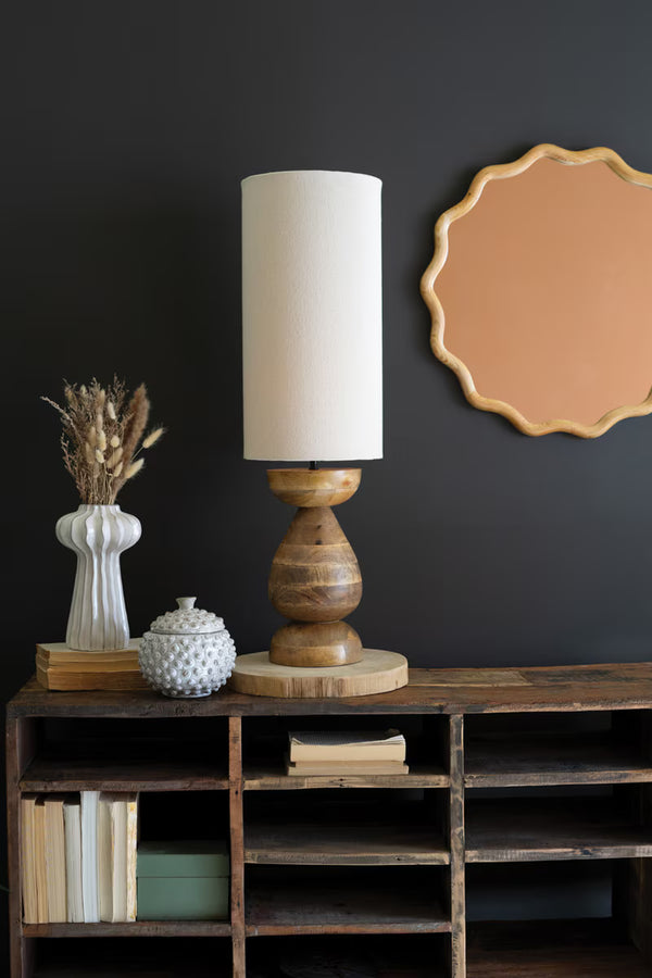 MANGO WOOD TABLE LAMP WITH FABRIC CYLINDER SHADE