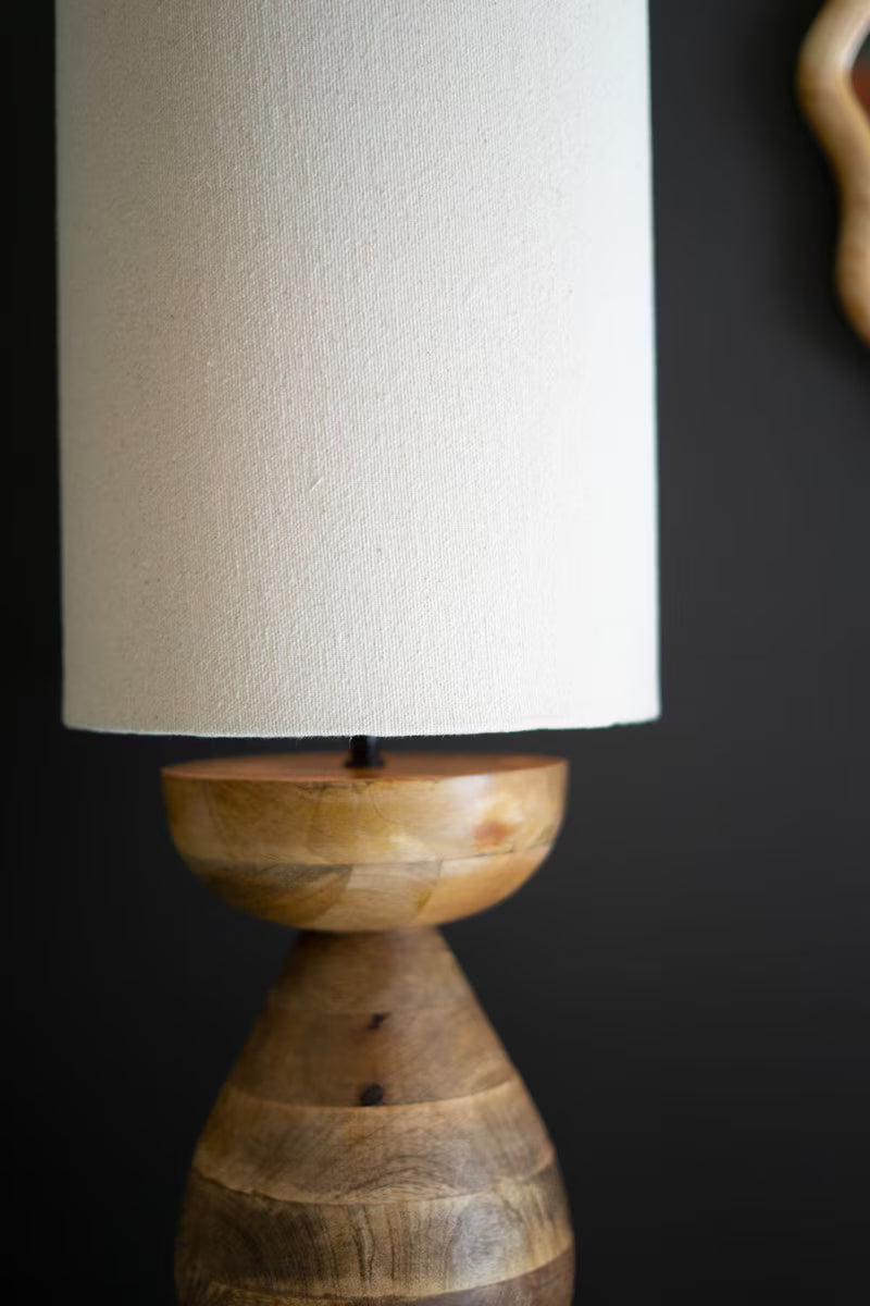 MANGO WOOD TABLE LAMP WITH FABRIC CYLINDER SHADE