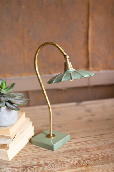 ANTIQUE BRASS GOOSE NECK TABLE LAMP WITH ENAMEL SHADE