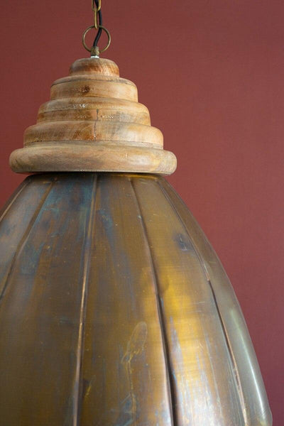 ANTIQUE BRASS PENDANT LIGHT WITH WOOD DETAIL 20