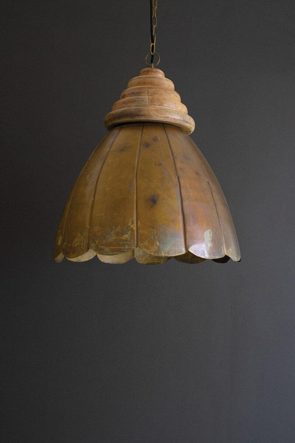 ANTIQUE BRASS PENDANT LIGHT WITH WOOD DETAIL 20