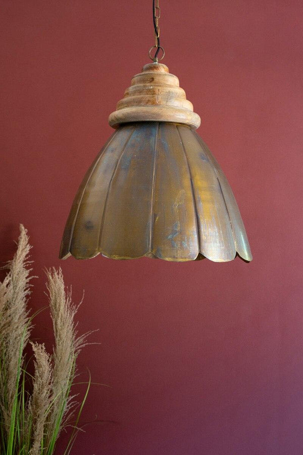 ANTIQUE BRASS PENDANT LIGHT WITH WOOD DETAIL 20