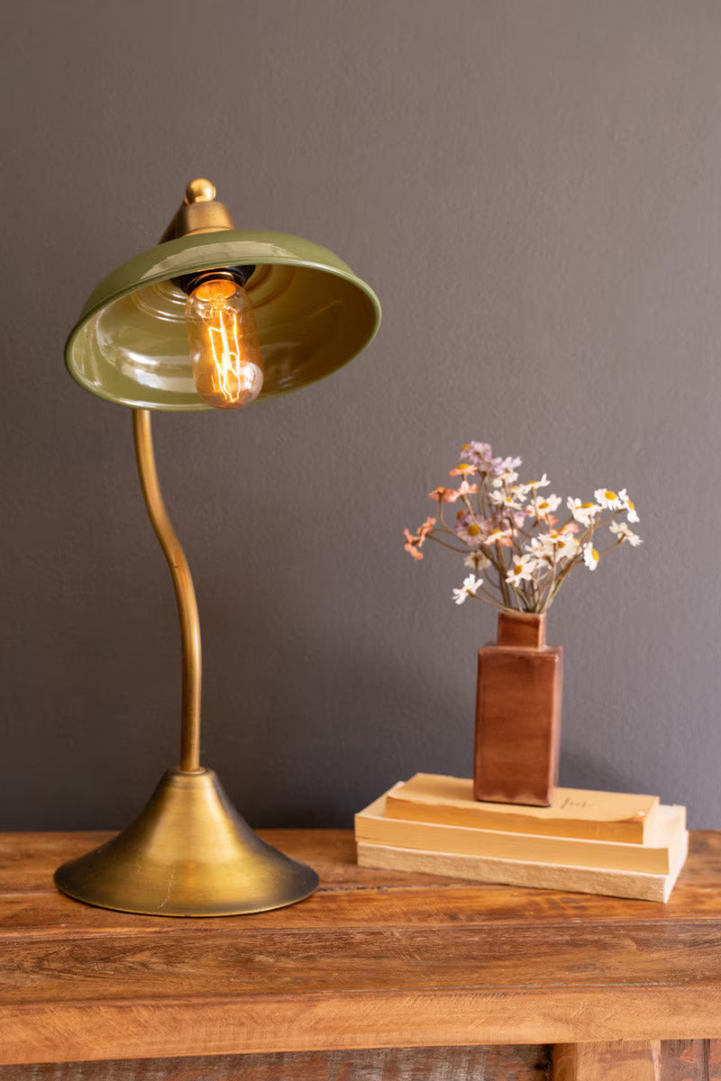 ANTIQUE BRASS TABLE LAMP WITH GREEN ENAMEL SHADE