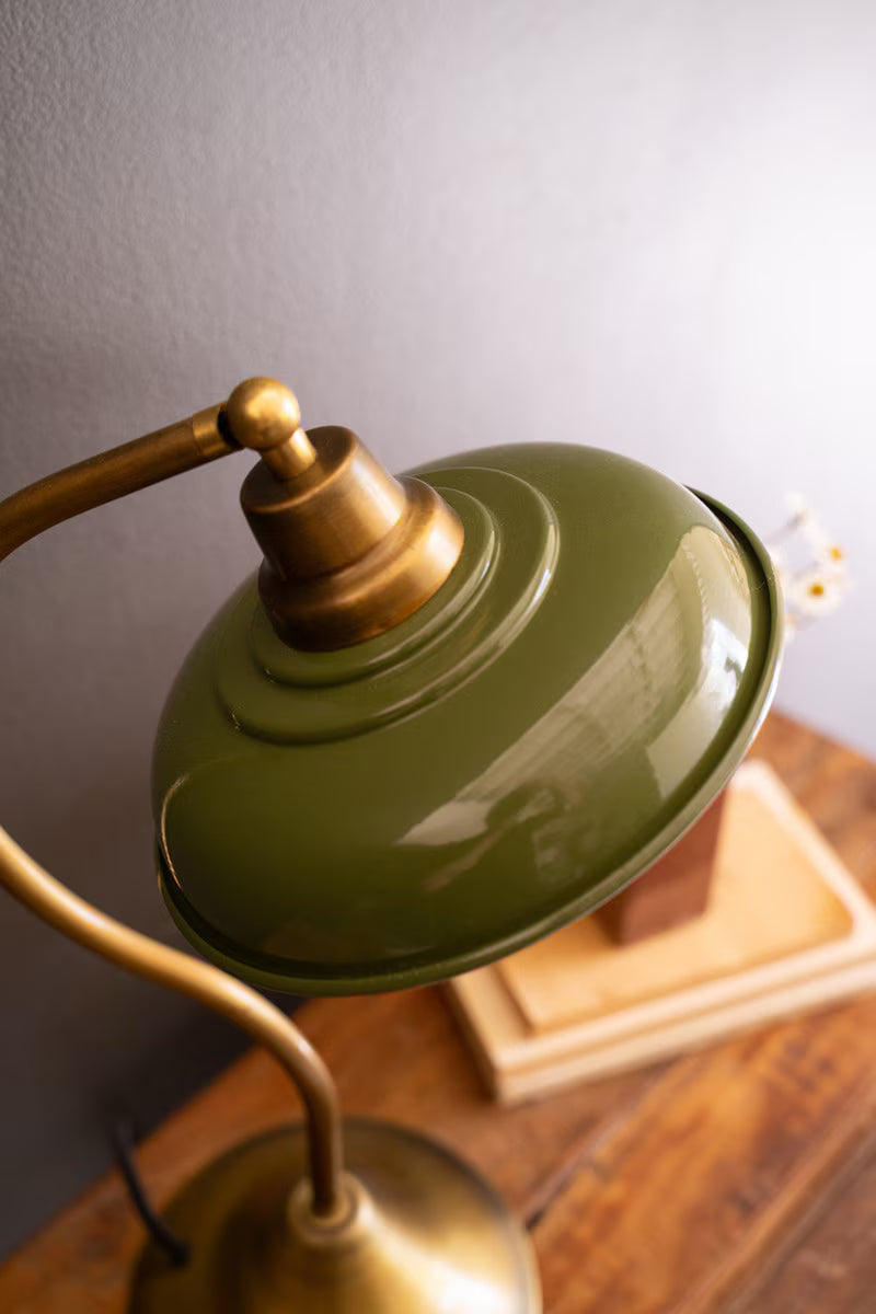 ANTIQUE BRASS TABLE LAMP WITH GREEN ENAMEL SHADE