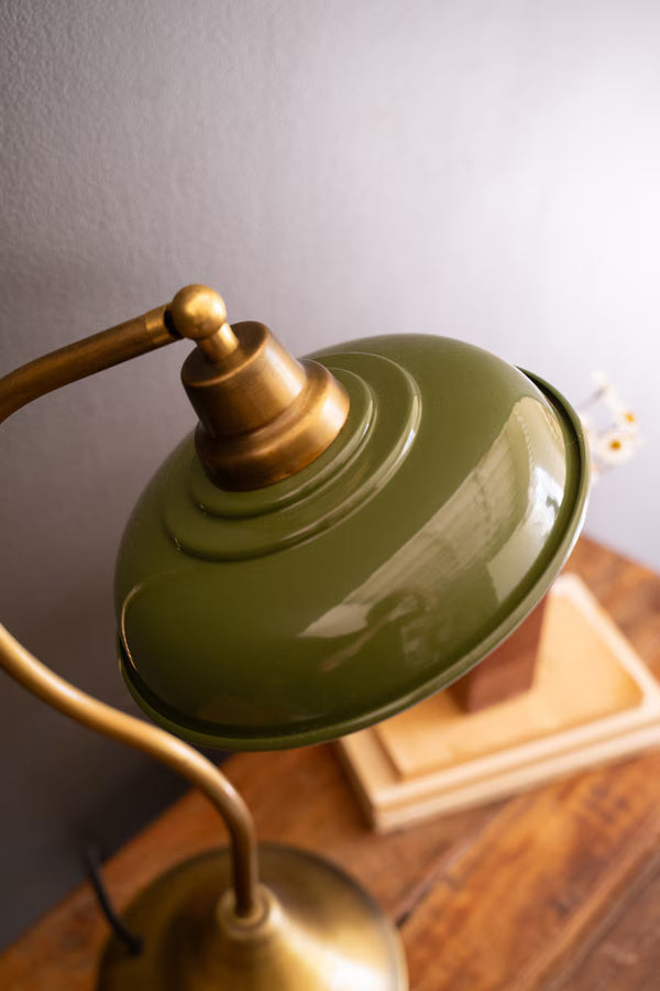 ANTIQUE BRASS TABLE LAMP WITH GREEN ENAMEL SHADE