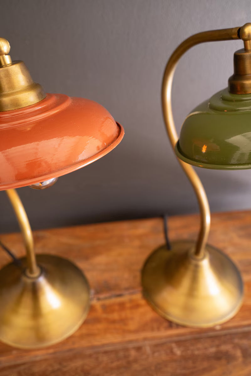 ANTIQUE BRASS TABLE LAMP WITH GREEN ENAMEL SHADE