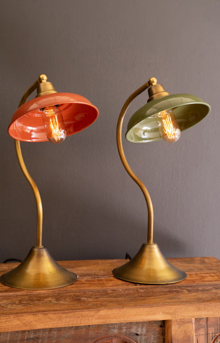 ANTIQUE BRASS TABLE LAMP WITH GREEN ENAMEL SHADE