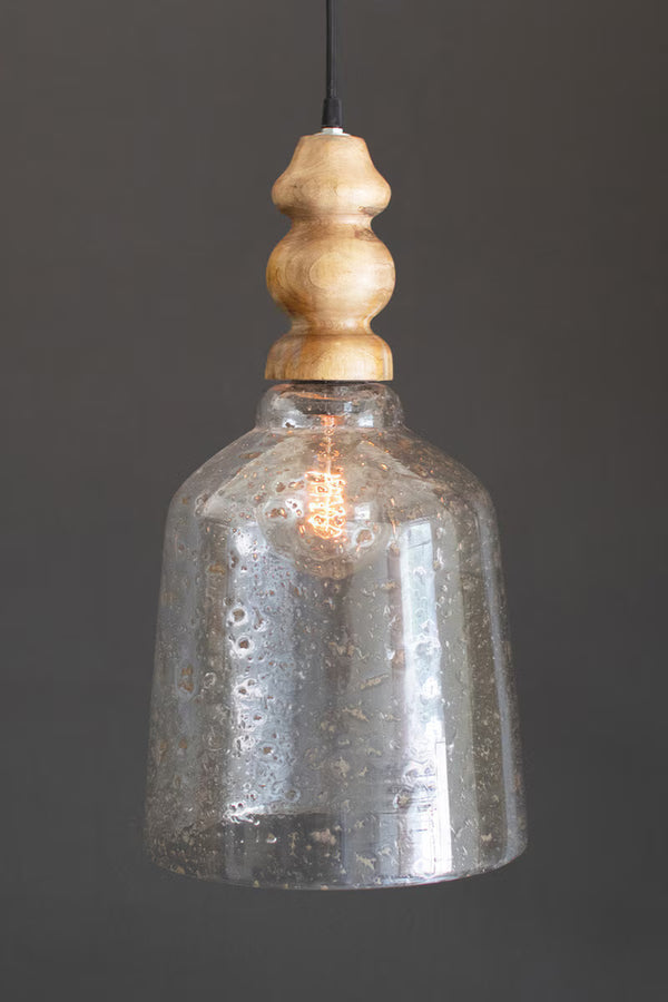 CLEAR PEBBLED GLASS PENDANT LIGHT WITH  WOODEN FINIAL