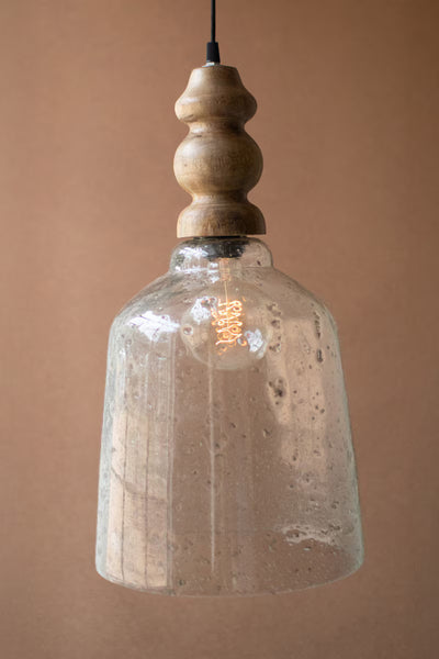 CLEAR PEBBLED GLASS PENDANT LIGHT WITH  WOODEN FINIAL