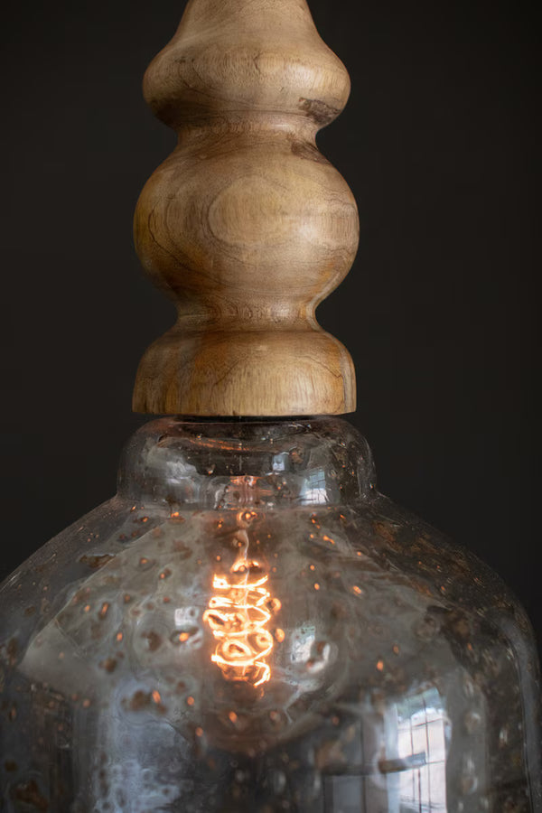 CLEAR PEBBLED GLASS PENDANT LIGHT WITH  WOODEN FINIAL