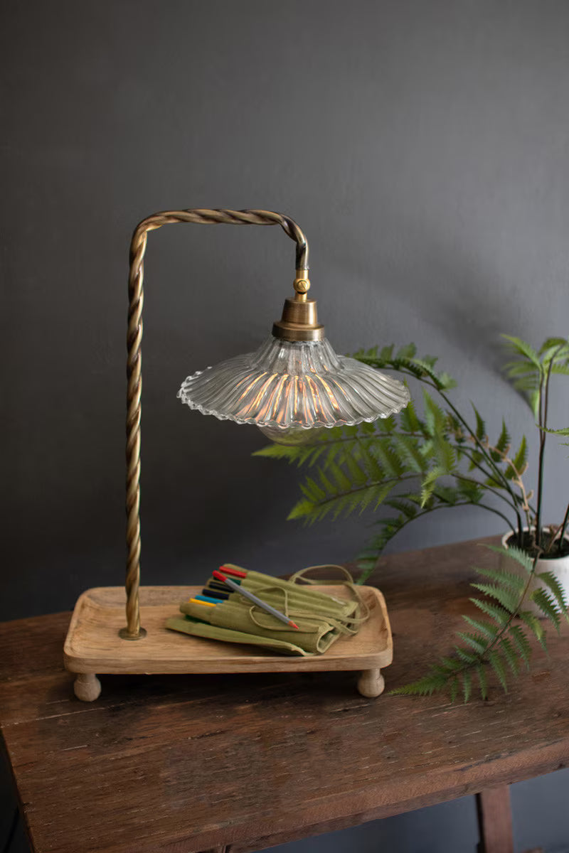 TABLE LAMP WITH WOODEN TRAY BASE AND GLASS SHADE