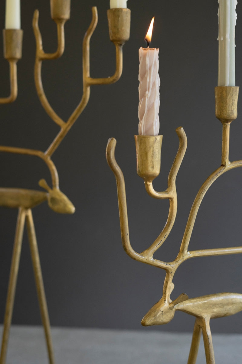 Set of 2 Antique Gold Forged Iron Christmas Deer Candelabras
