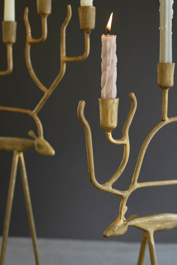 Set of 2 Antique Gold Forged Iron Christmas Deer Candelabras