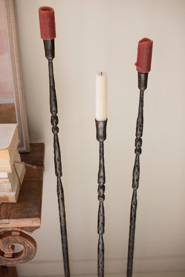 SET OF 3 TALL FORGED-IRON TAPER CANDLE HOLDERS - ANT BRASS