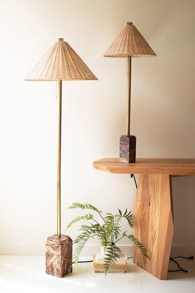 FLOOR LAMP WITH RED MARBLE BASE AND RATTAN SHADE