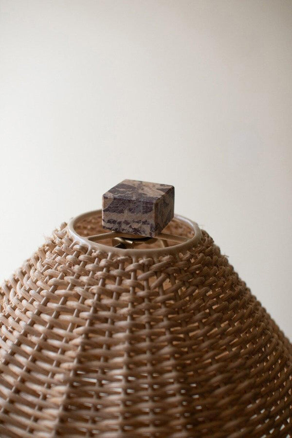 FLOOR LAMP WITH RED MARBLE BASE AND RATTAN SHADE