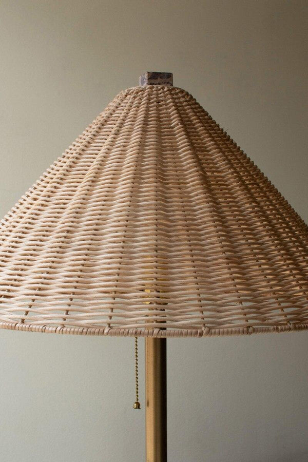 FLOOR LAMP WITH RED MARBLE BASE AND RATTAN SHADE