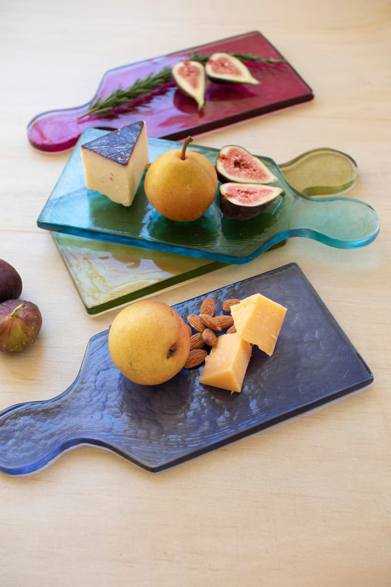 SET OF FOUR COLORED GLASS CHEESE BOARDS - ONE EACH COLOR