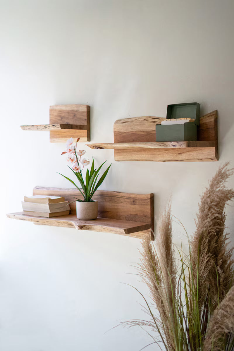 SET OF THREE LIVE-EDGE ACACIA WOOD FLOATING SHELVES
