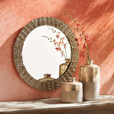 Vintage Champagne Round Wall Mirror with Textured Frame