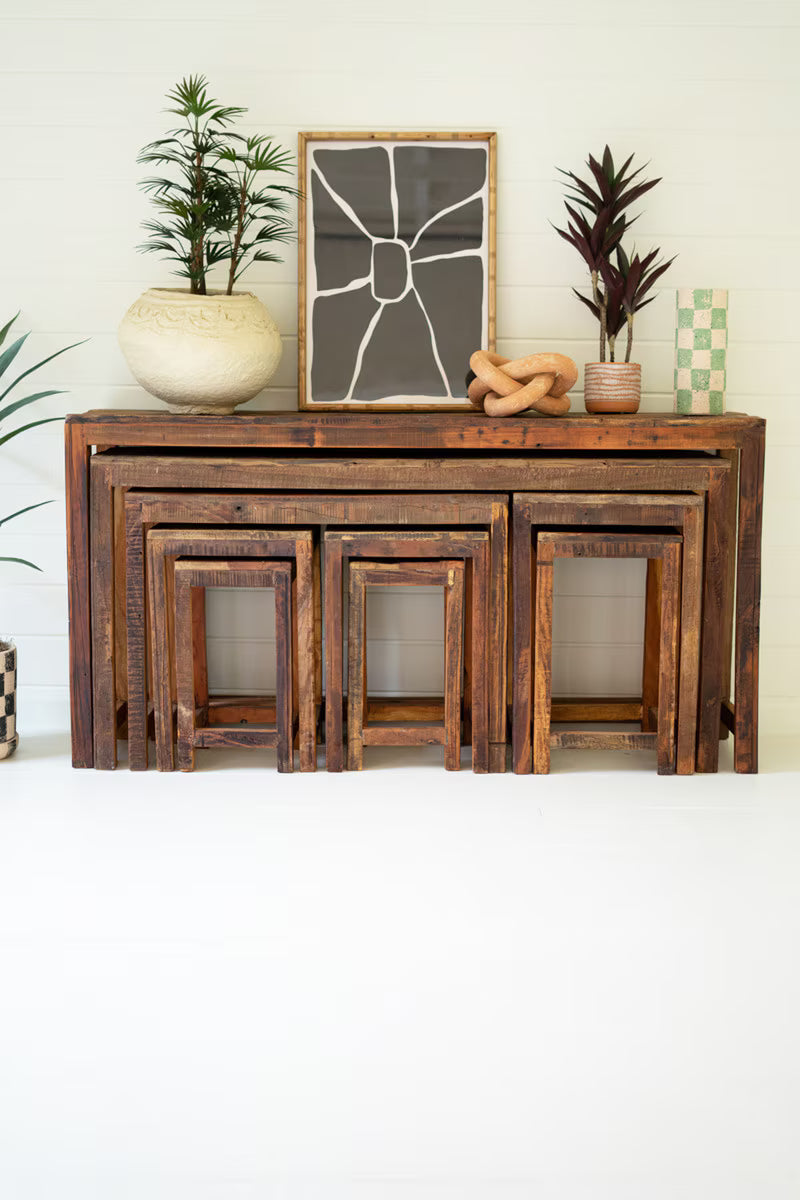 SET OF NINE RECYCLED WOOD DISPLAY TABLES