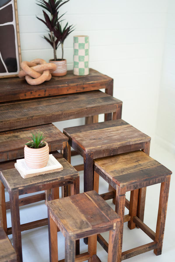 SET OF NINE RECYCLED WOOD DISPLAY TABLES