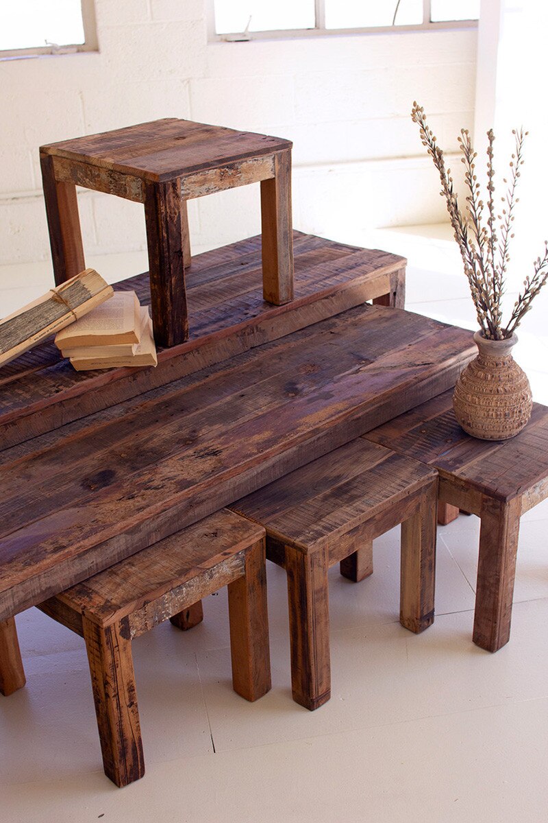 SET OF SIX RECYCLED WOOD BENCHES