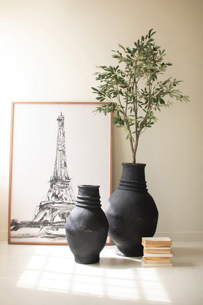 SET OF TWO PAPER MACHE BLACK TALL OVAL URNS