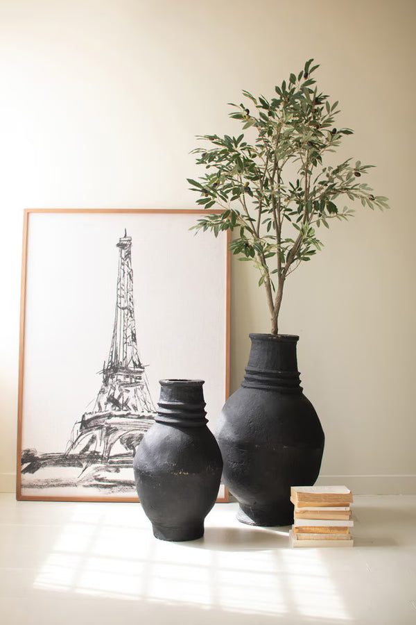 SET OF TWO PAPER MACHE BLACK TALL OVAL URNS