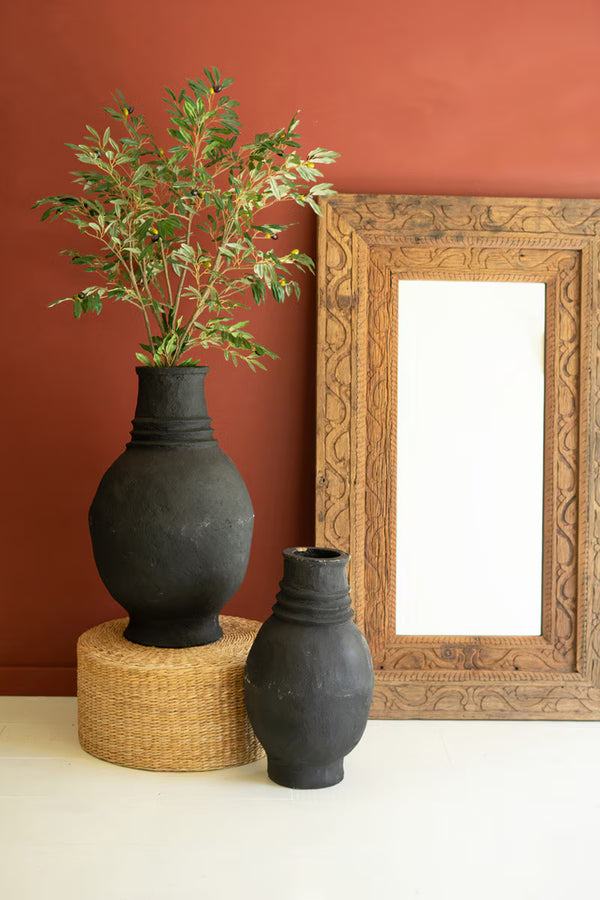 SET OF TWO PAPER MACHE BLACK TALL OVAL URNS