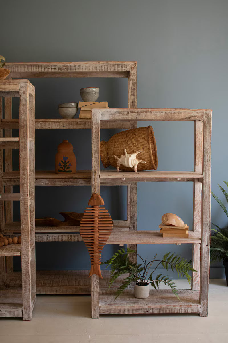 SET OF THREE RECYCLED WOOD SHELVING UNITS  - WHITE WASH