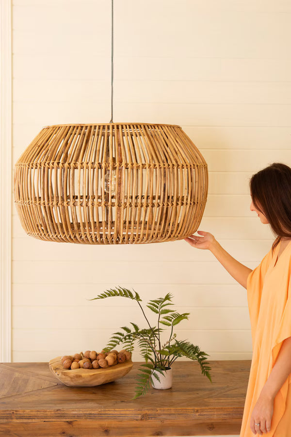 Large Round Bamboo Pendant Light, Natural Distressed