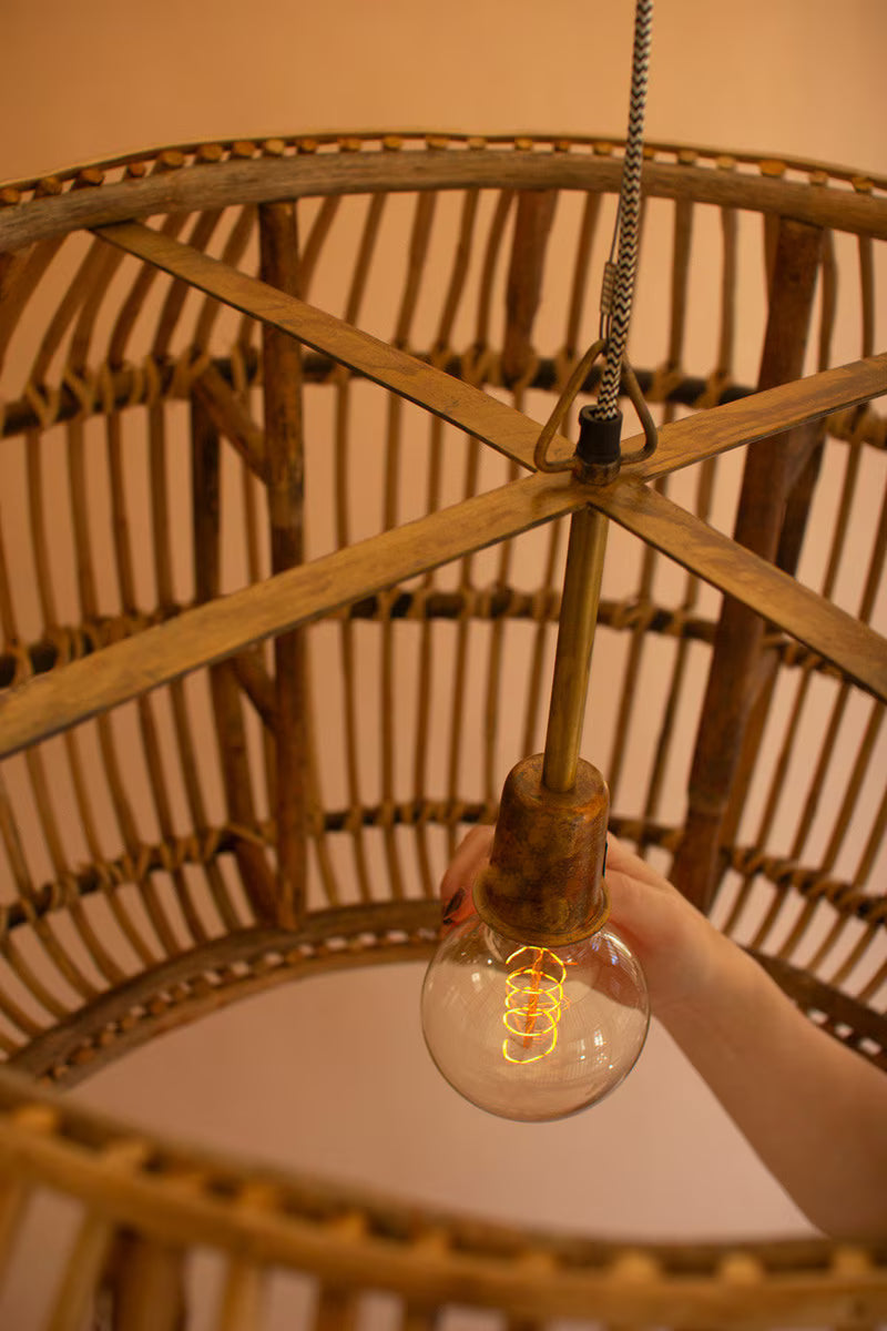 Large Round Bamboo Pendant Light, Natural Distressed