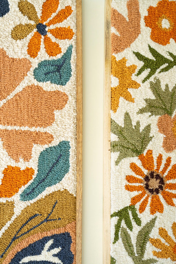 SET OF TWO WOOD FRAMED HAND HOOKED WALL ART - FLORALS