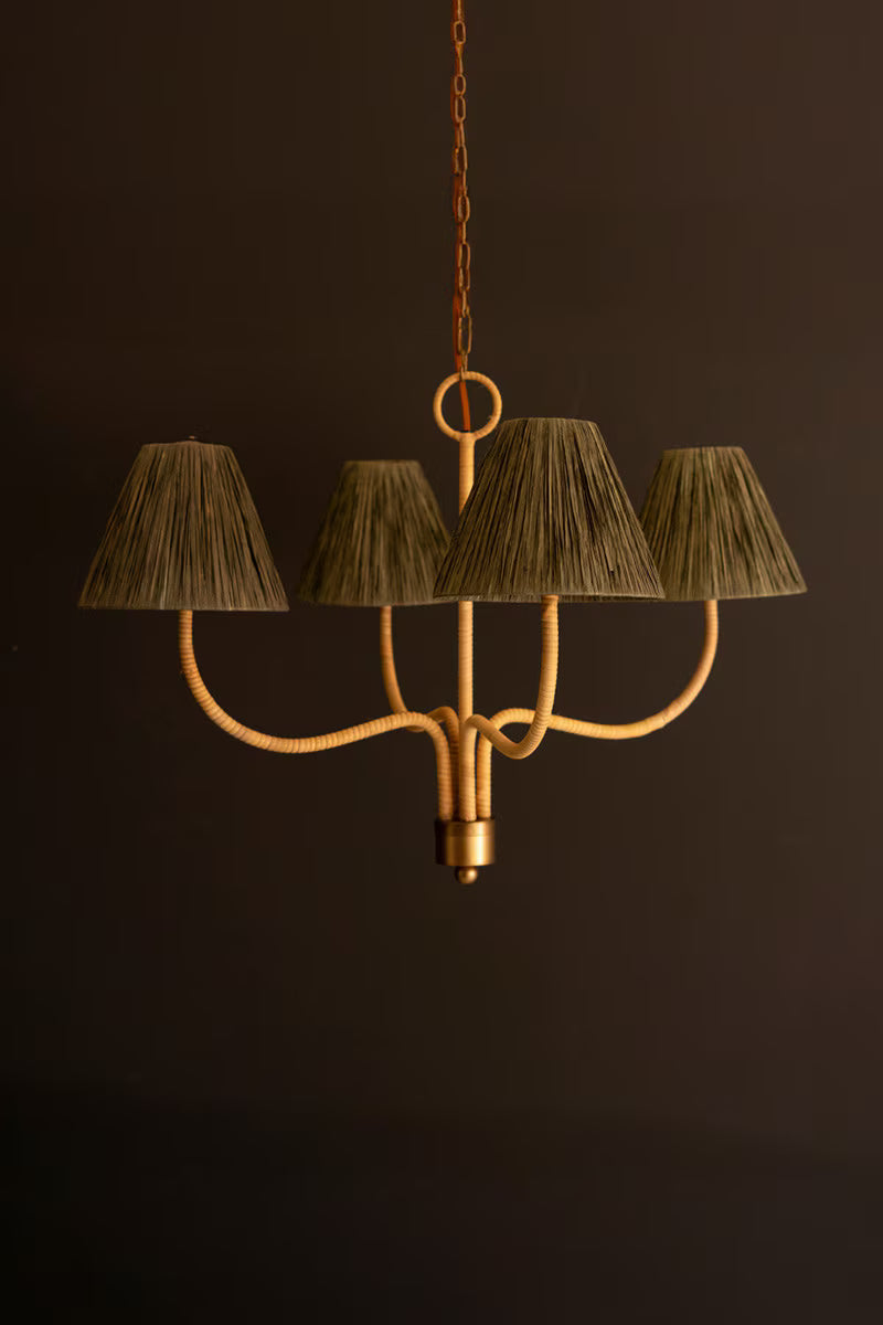 RATTAN-WRAPPED CHANDELIER WITH RAFFIA SHADE