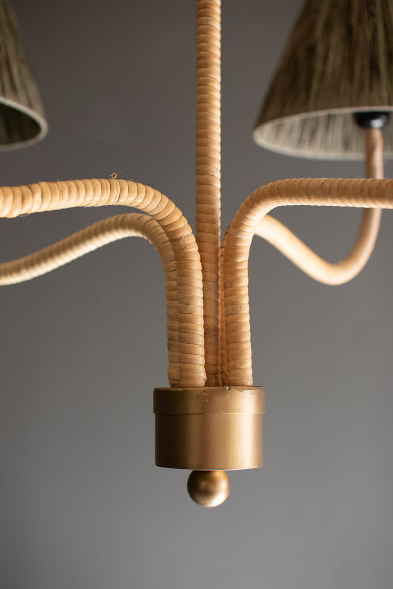 RATTAN-WRAPPED CHANDELIER WITH RAFFIA SHADE