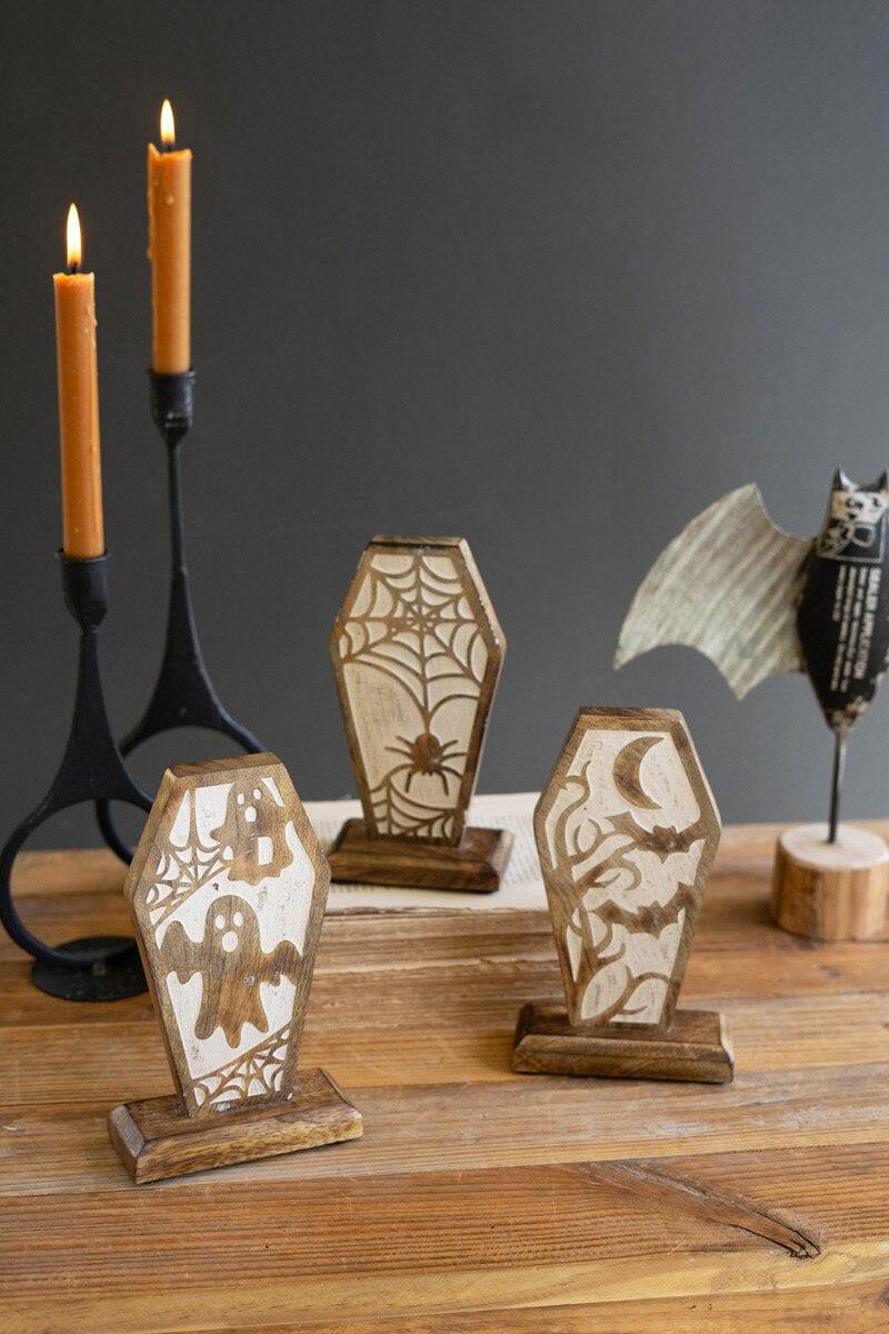 SET OF THREE CARVED WOODEN HALLOWEEN COFFIN SCENES