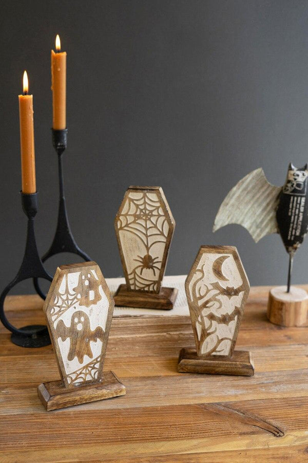 SET OF THREE CARVED WOODEN HALLOWEEN COFFIN SCENES